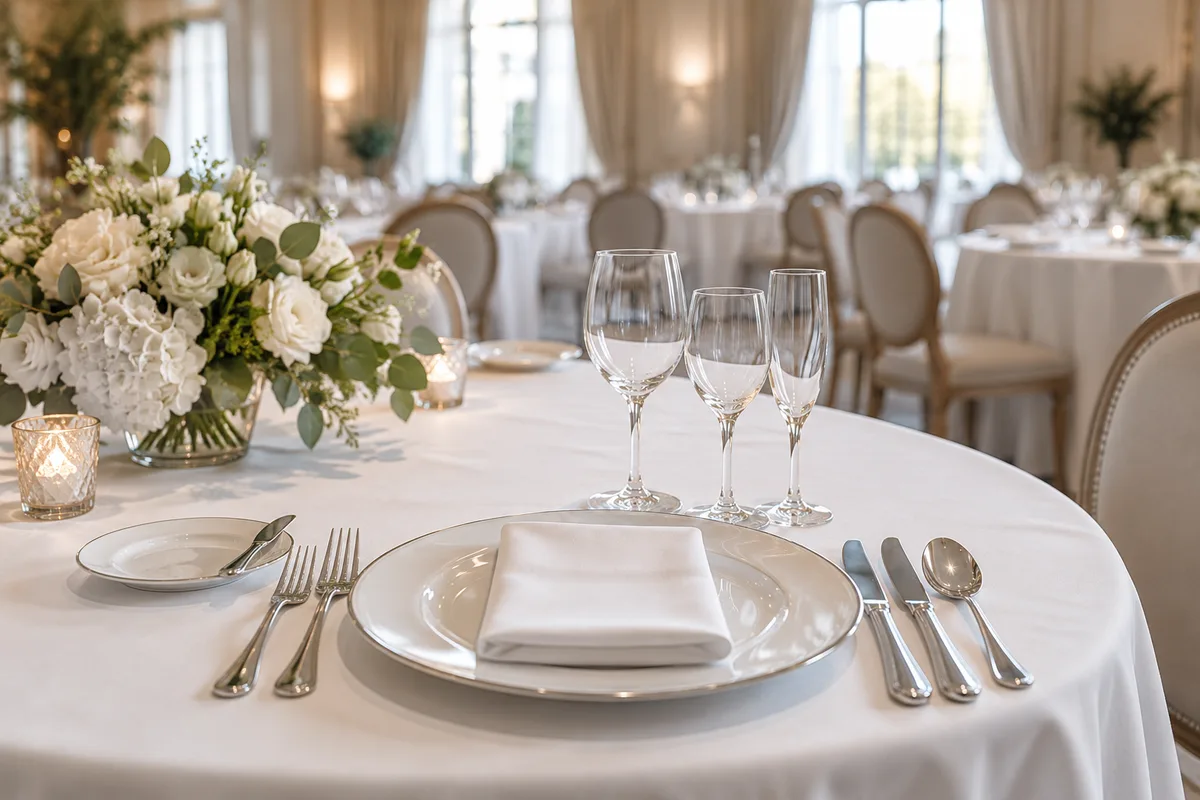 Table ronde dressée pour un dîner assis avec couverts alignés