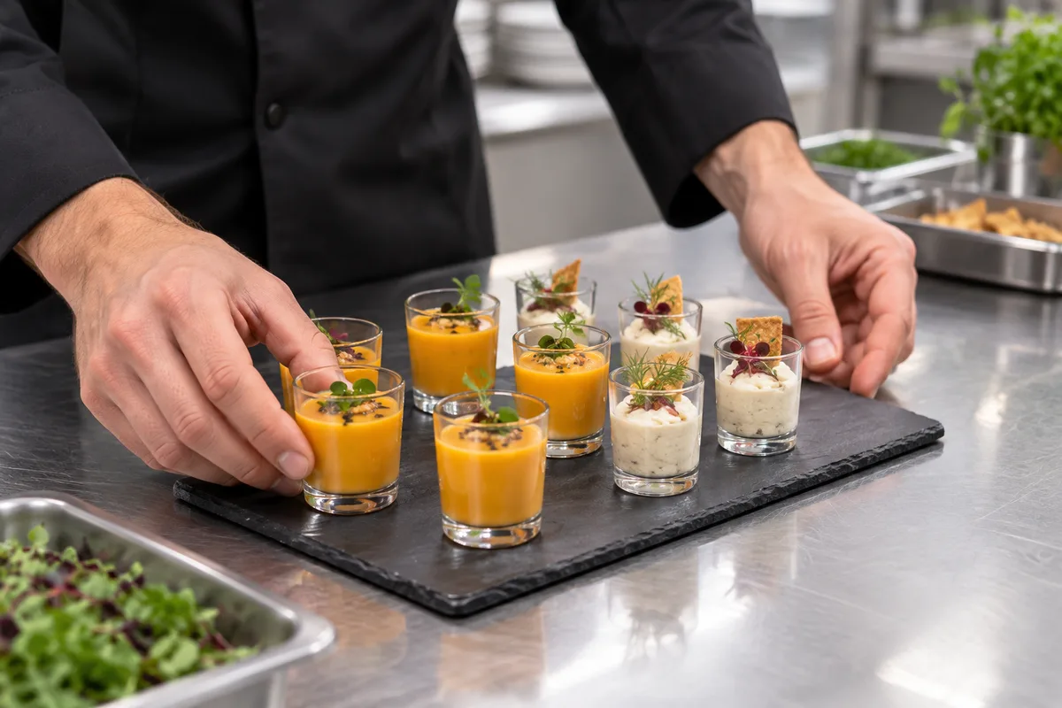 Mains d&rsquo;un serveur qui disposent des verrines sur un plateau d&rsquo;ardoise avant le service