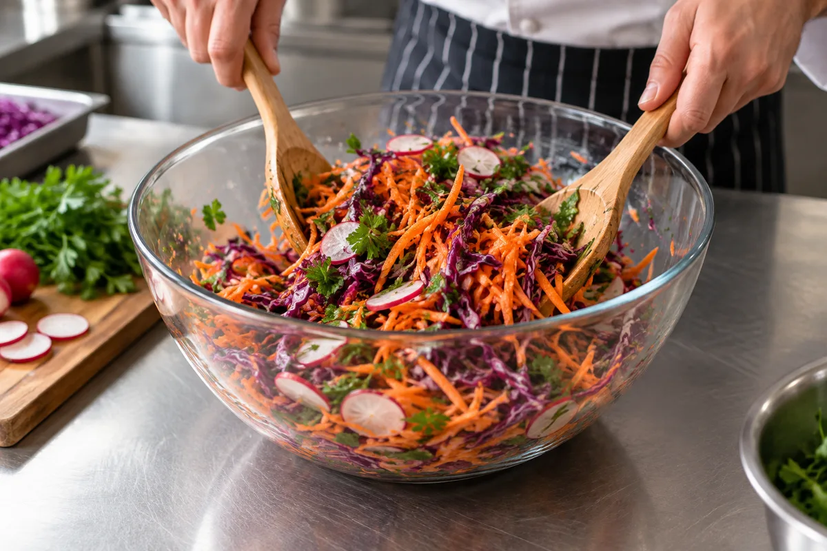 Mains qui assaisonnent une salade de crudités dans un grand saladier en verre