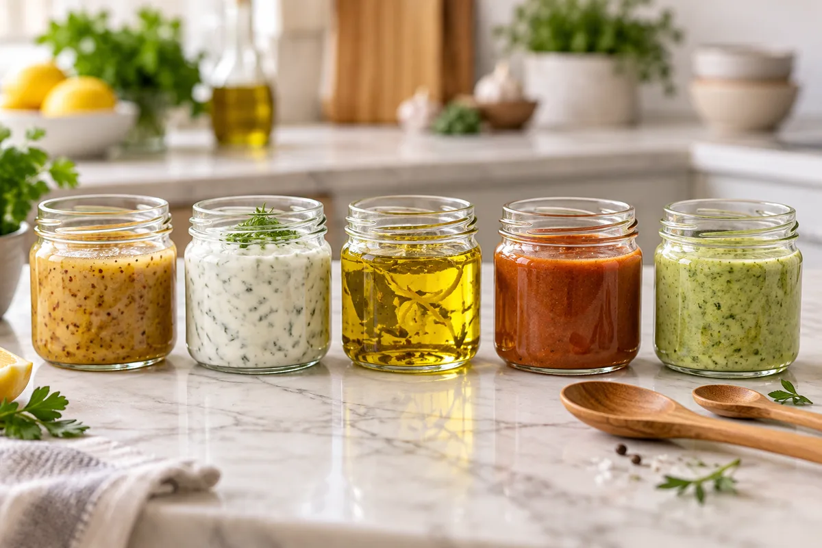 Petits bocaux de vinaigrettes et de sauces maison alignés près de cuillères en bois