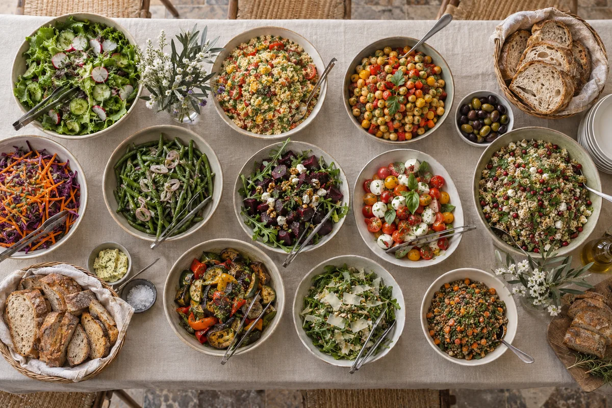 Vue de dessus d&rsquo;une table de buffet garnie de salades variées et de pain tranché