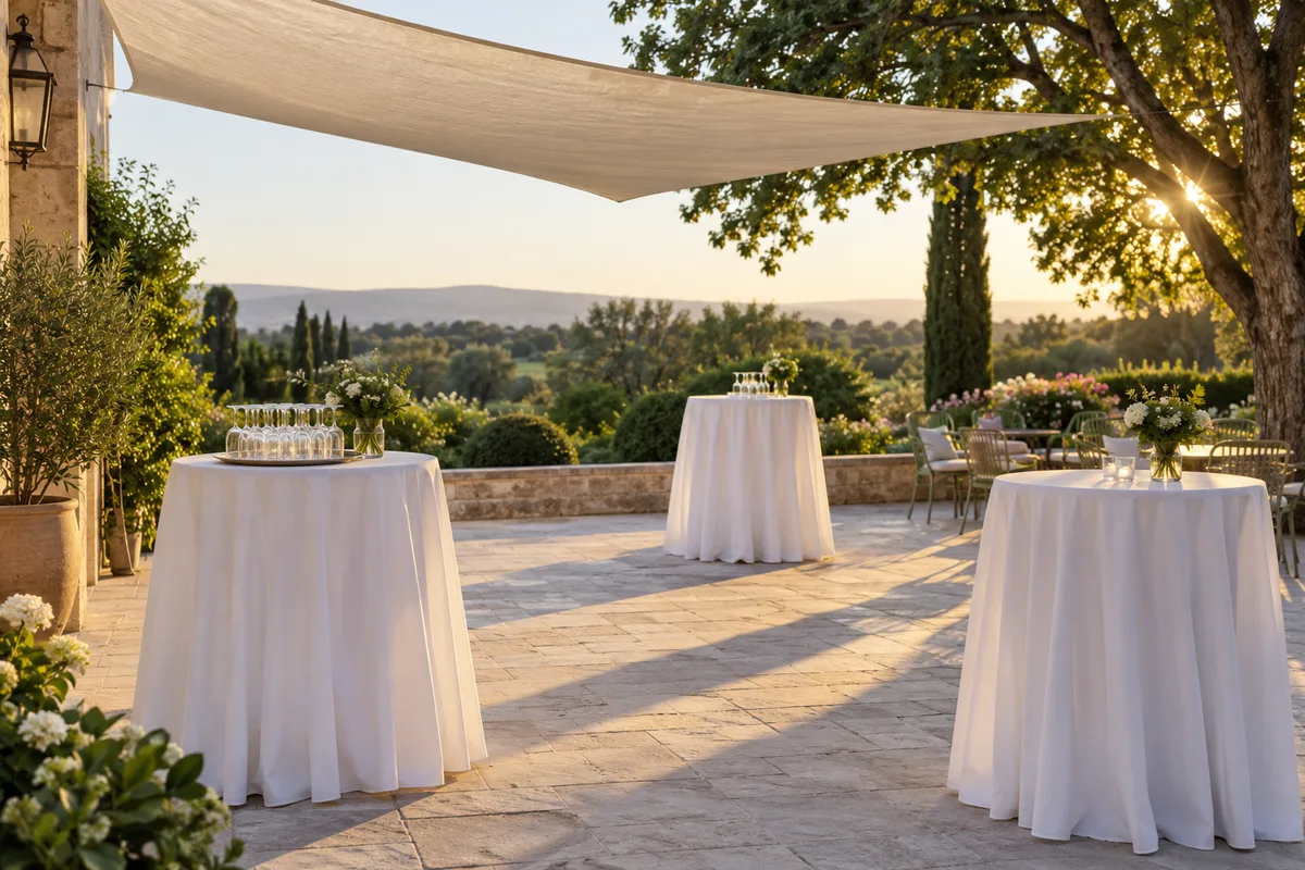Terrasse ombragée dressée pour un vin d’honneur en fin d’après-midi