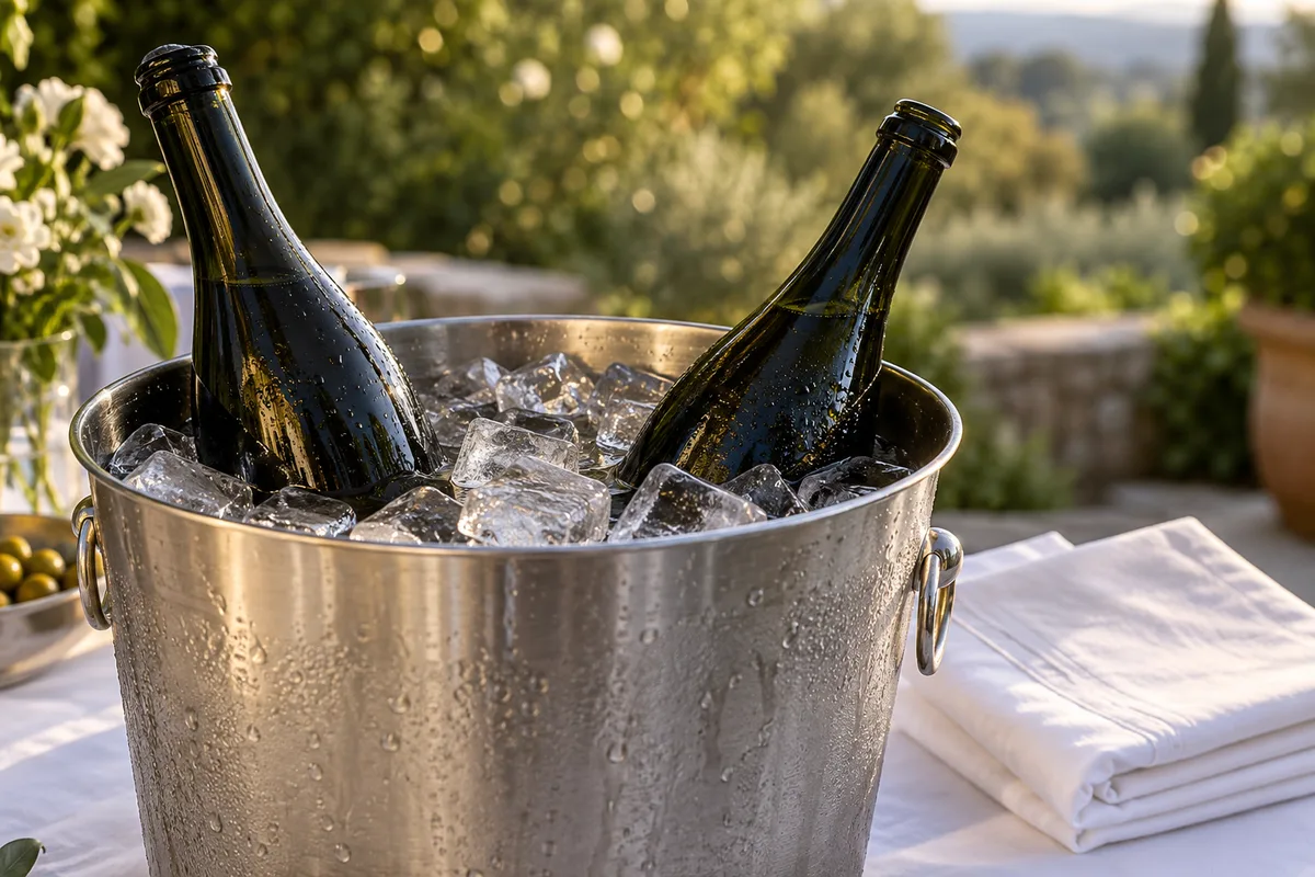 Seau à glace et bouteilles sans étiquette préparés près du bar d’une réception