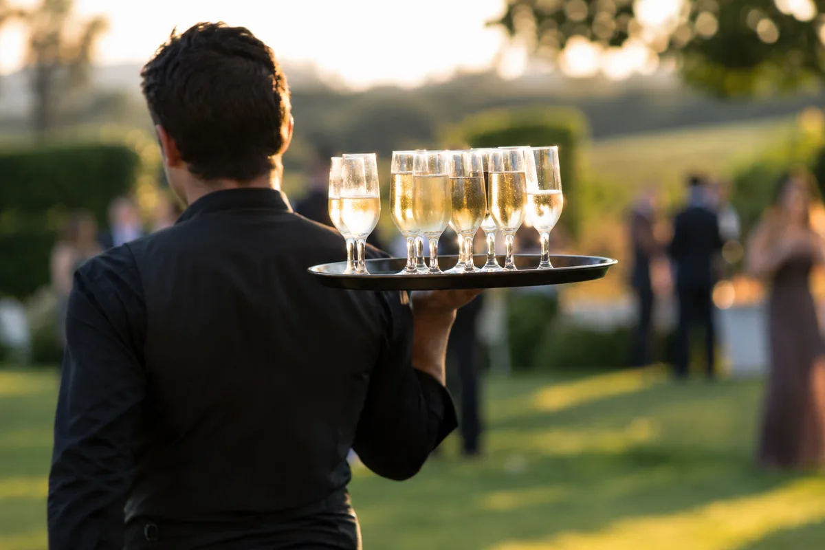 Plateau de verres porté par un serveur vu de dos pendant une réception