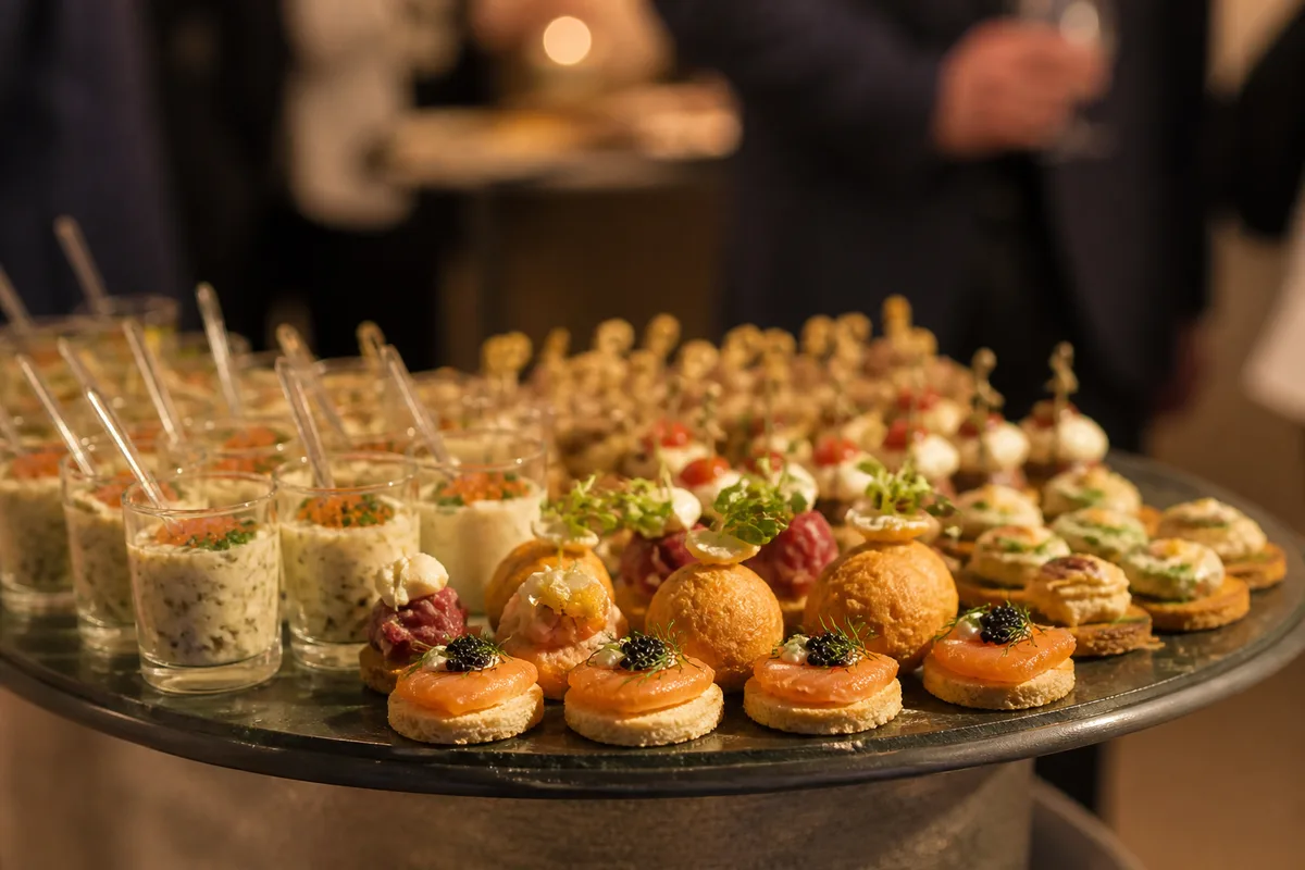 Plateau de bouchées apéritives variées présenté lors d&rsquo;une réception debout