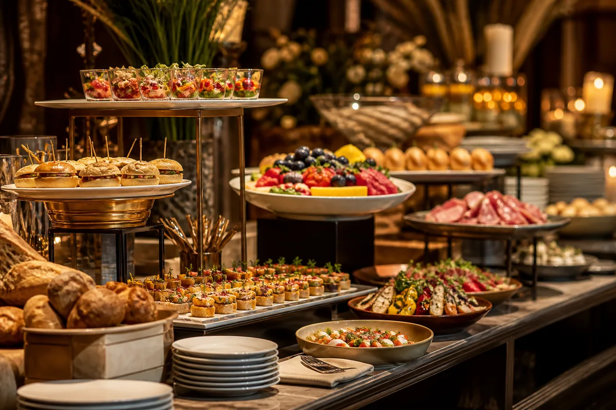Buffet dressé sur plusieurs niveaux avec présentoirs et plats de hauteurs différentes