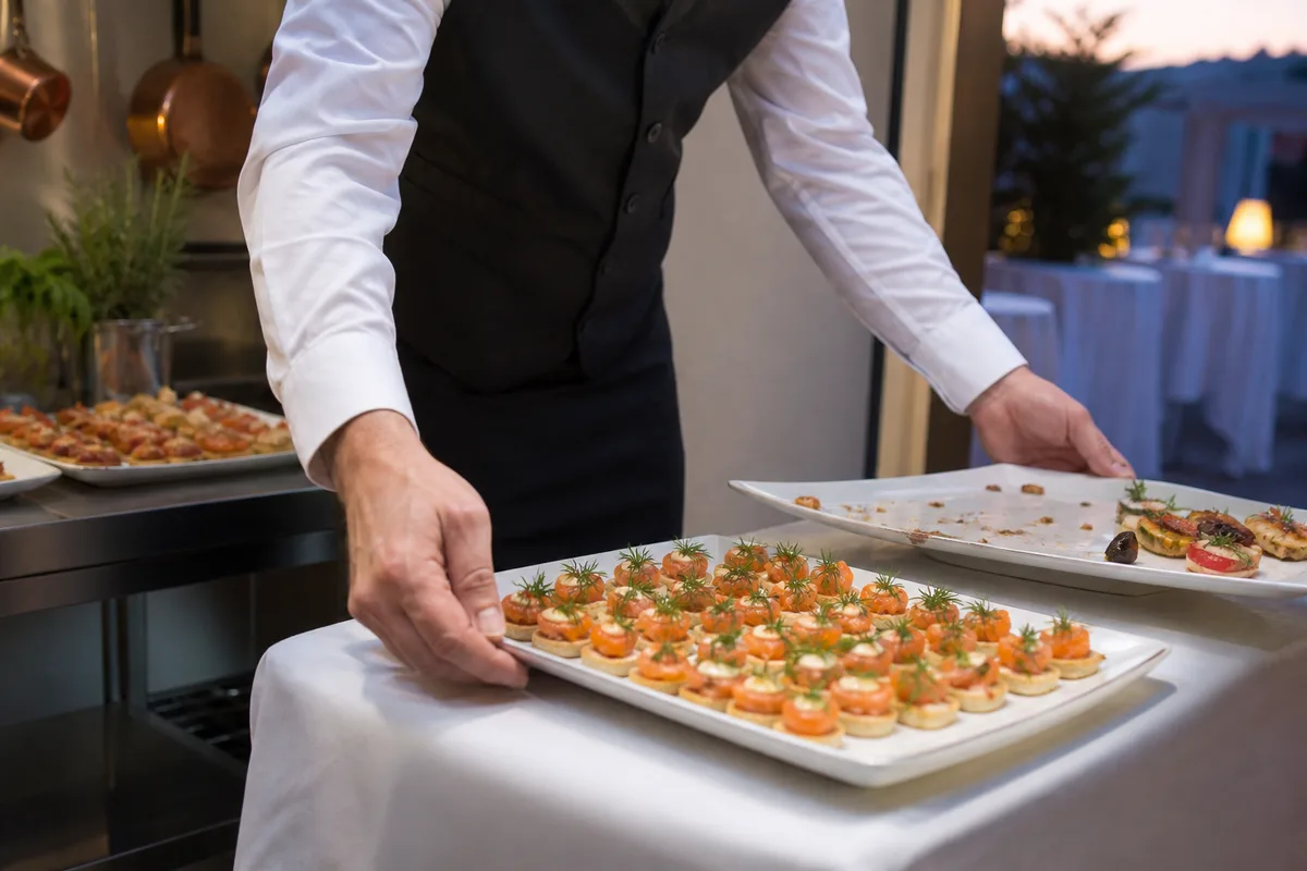 Serveur remplaçant un plat entamé par un plat neuf sur un buffet de réception