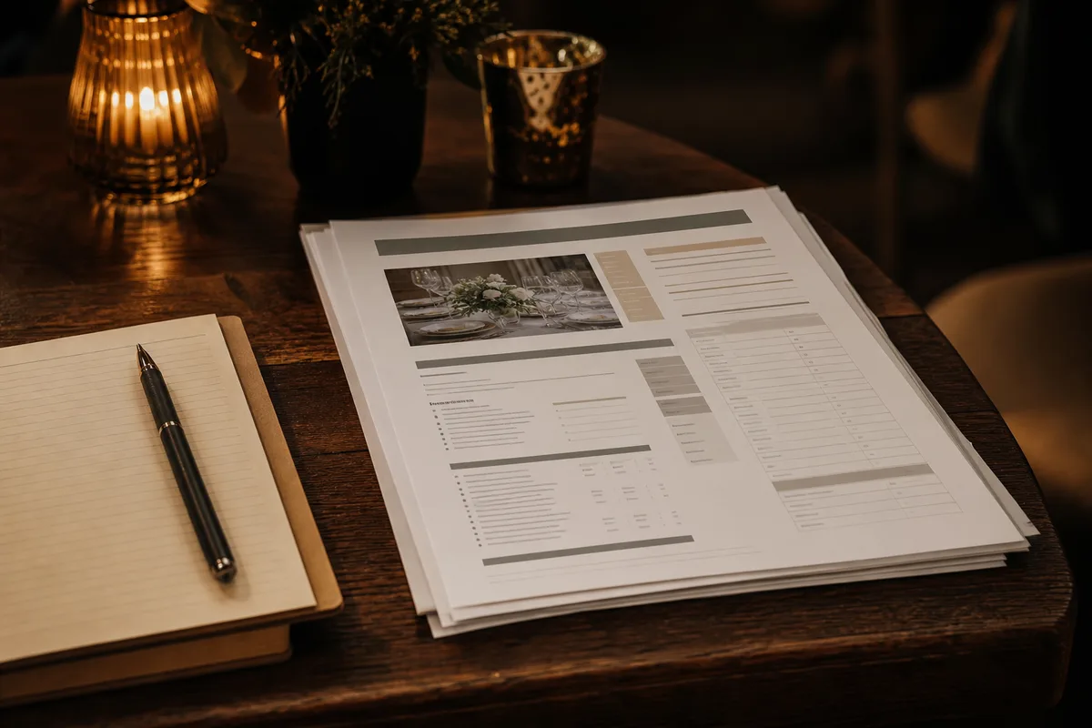 Devis de traiteur détaillé posé sur une table avec un carnet de notes