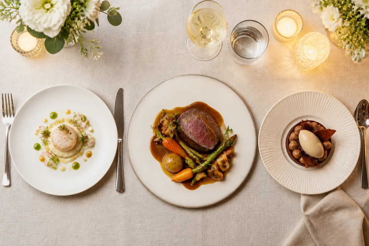 Assiette dressée en trois services sur une table de réception