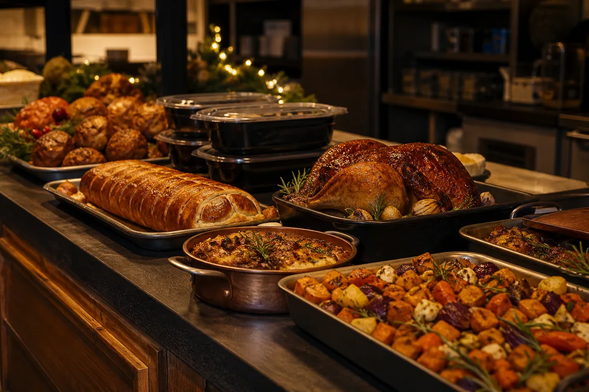 Comptoir de traiteur garni de plats de fête préparés pour le retrait