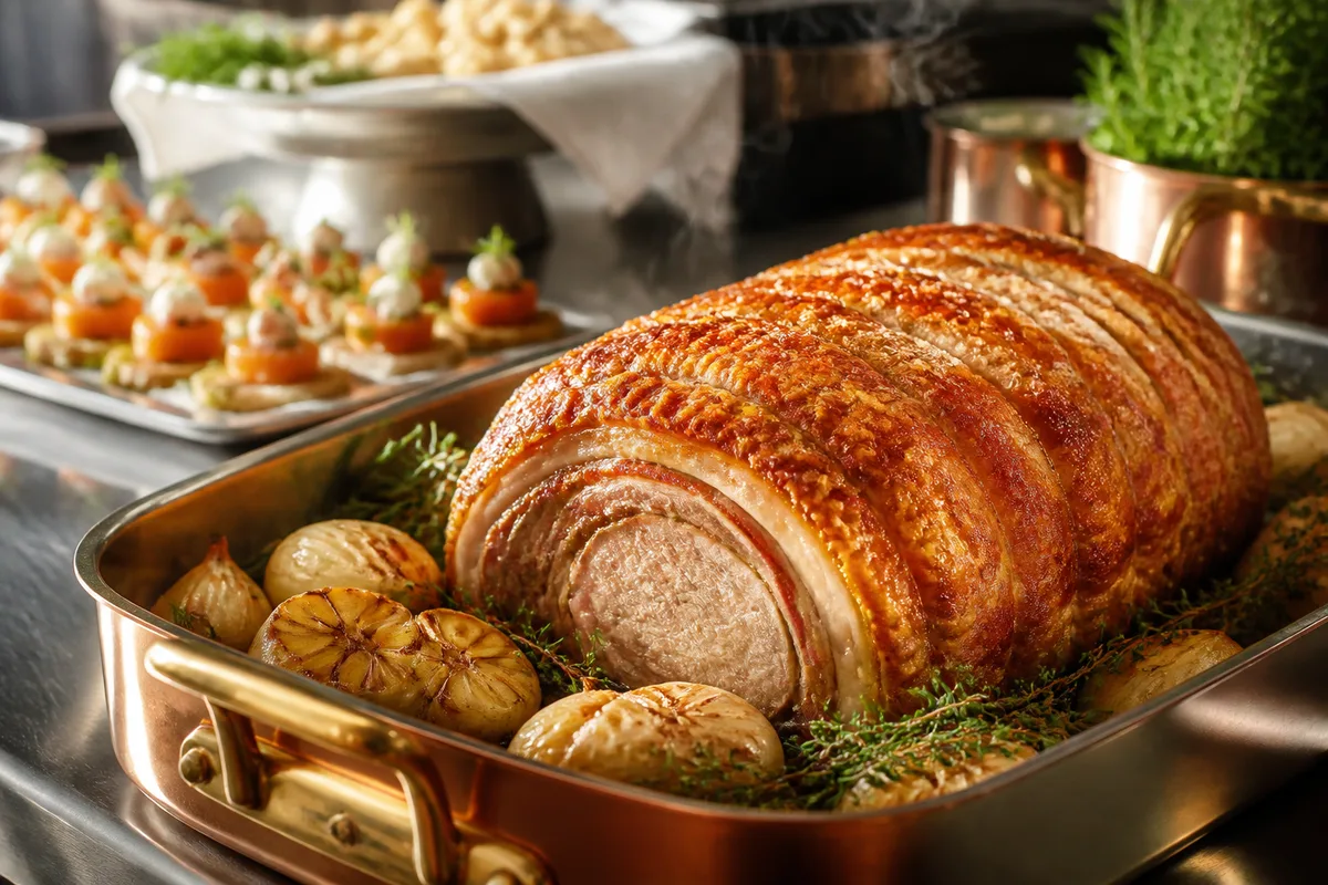 Plat de fête sortant du four pour être dressé sur une table dressée