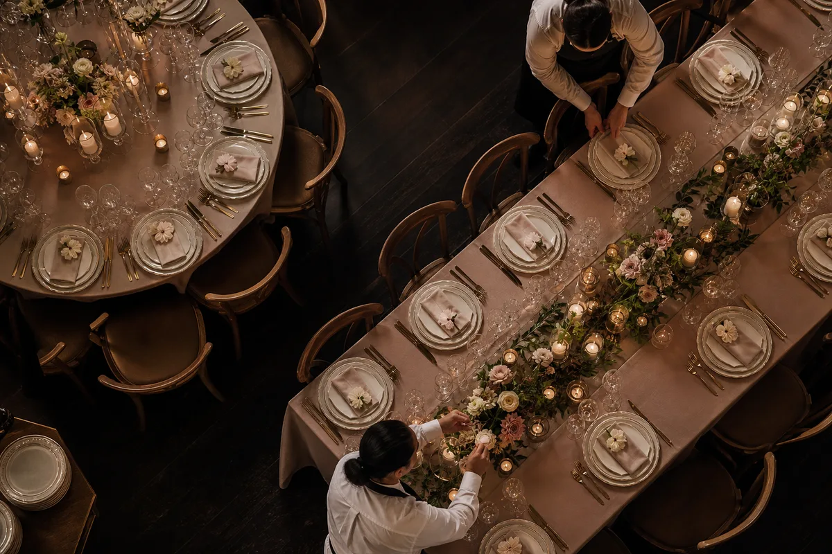 Équipe de salle dressant les tables avant un repas de mariage