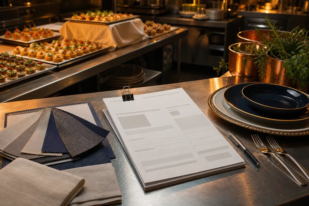 Devis détaillé de réception posé sur une table avec échantillons de vaisselle