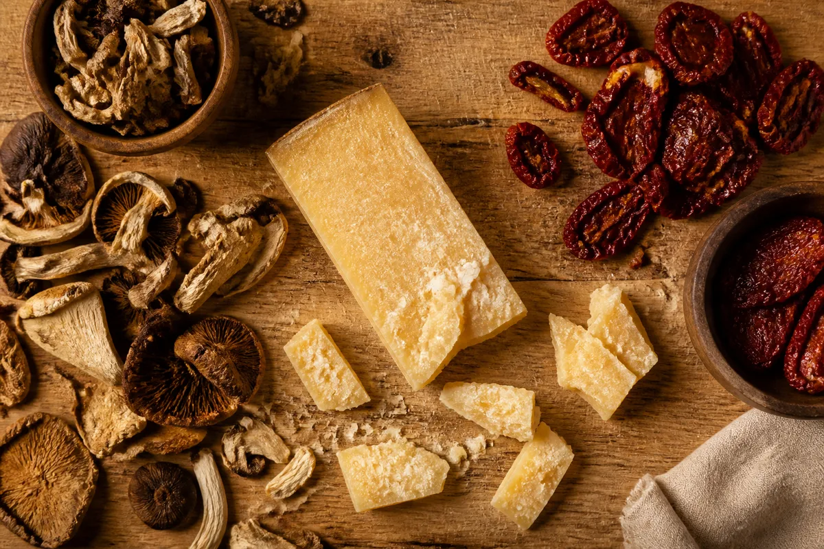 Parmesan affiné, tomates séchées et champignons secs disposés sur un plan de travail