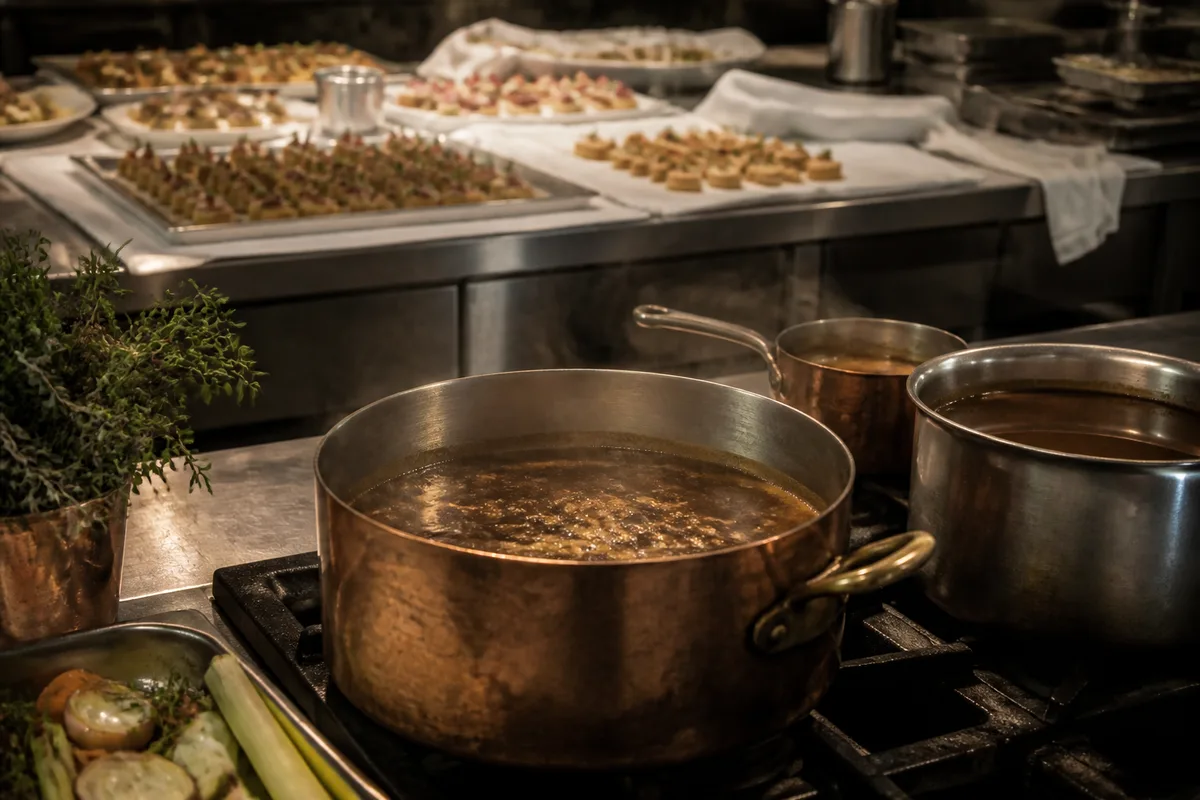 Bouillon réduit et fond de sauce en préparation dans une cuisine professionnelle